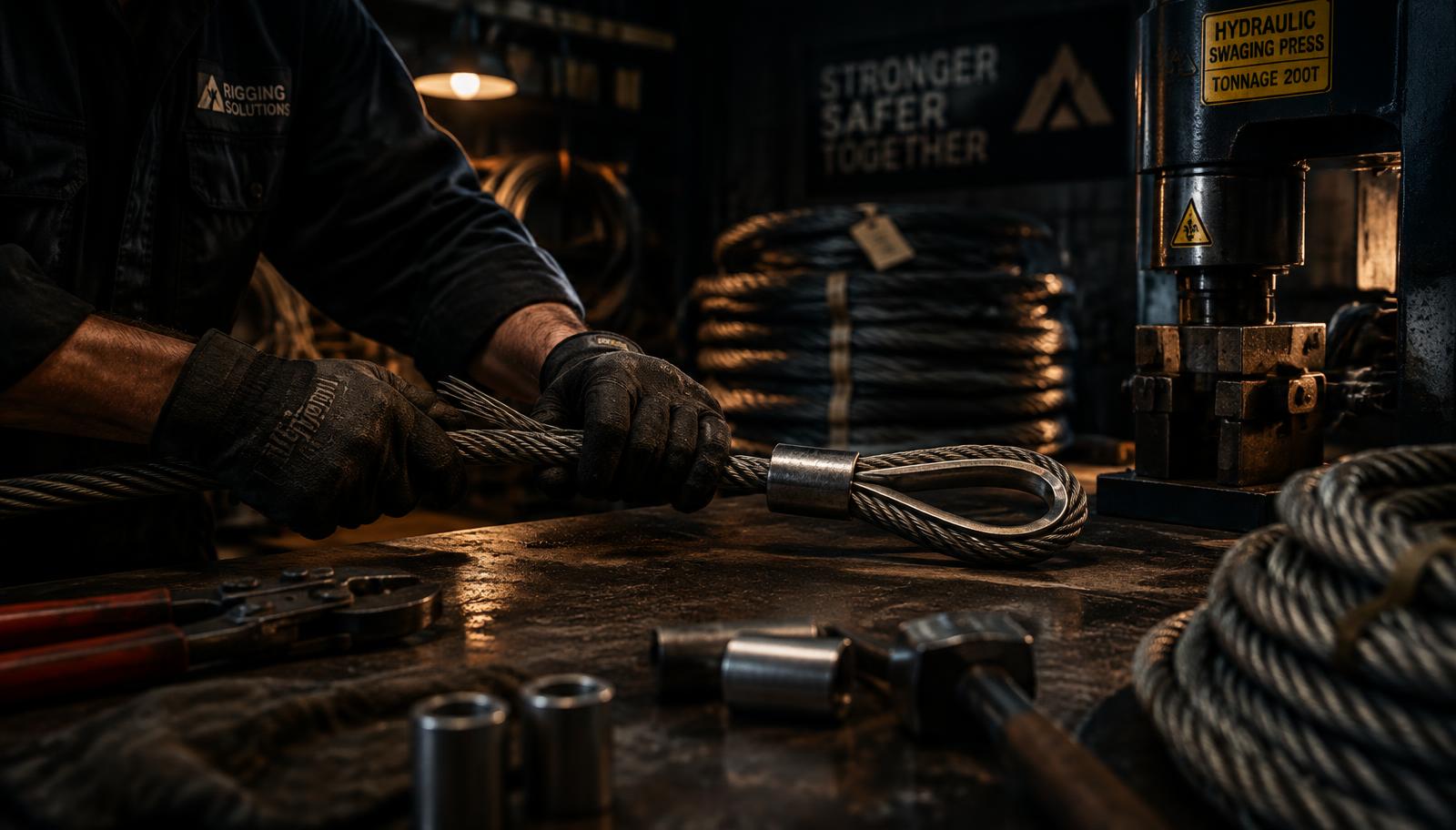 Hands splicing and fabricating a wire rope sling at a workbench