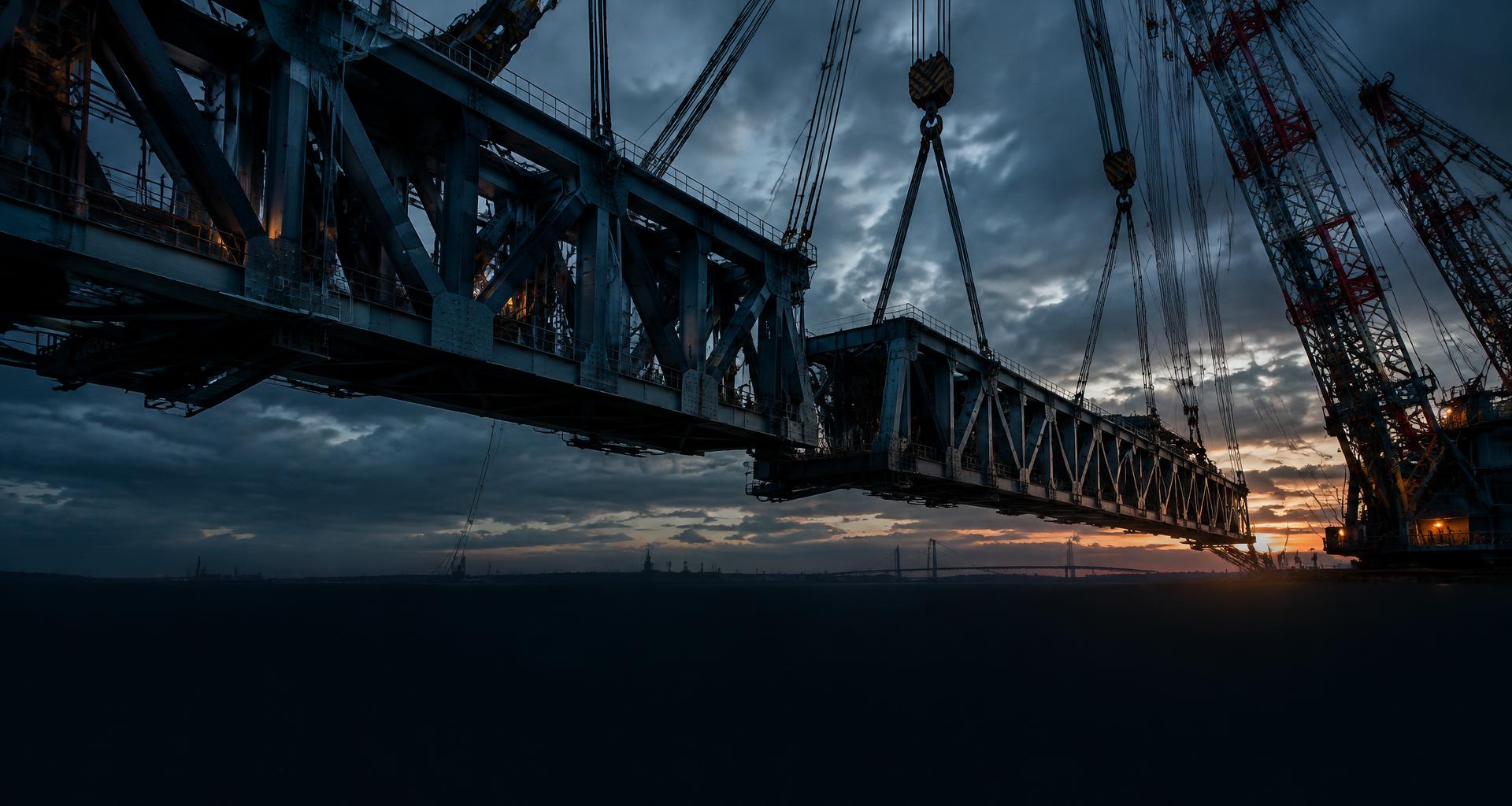 Cranes rigging a massive steel bridge truss at dusk